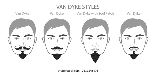 Set of Van Dyke Beard and mustache with name text style men face illustration Facial hair. Vector black grey portrait male Fashion template flat barber collection. Stylish isolated on white background