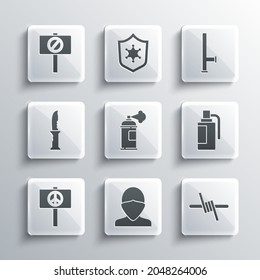 Set Vandal, Barbed wire, Hand grenade, Paint spray can, Peace, Military knife, Protest and Police rubber baton icon. Vector