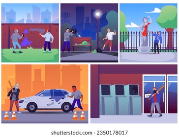 Set of vandalism scenes flat style, vector illustration isolated on white background. Street hooligans, graffiti painters, people destroy cars, overturn garbage cans. Boys with bits, hide face