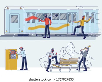 Set Of Vandals Damaging Public Property. Characters In Masks Damaging Subway Car, Park And Atm In City. Street Gangsters And Vandalism Concept. Cartoon Linear Vector Illustration