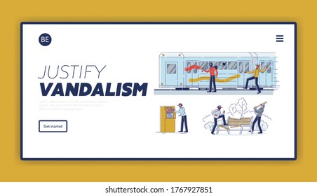 Set Of Vandals Damaging Public Property. Characters In Masks Damaging Subway Car, Park And Atm In City. Street Gangsters And Vandalism Concept. Cartoon Linear Vector Illustration