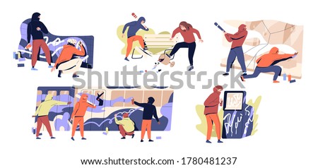 Set of vandals hiding under hoods damaging public property vector flat illustration. Collection of diverse people making harm paint and crush subway, building wall, glass showcase, park bench and atm