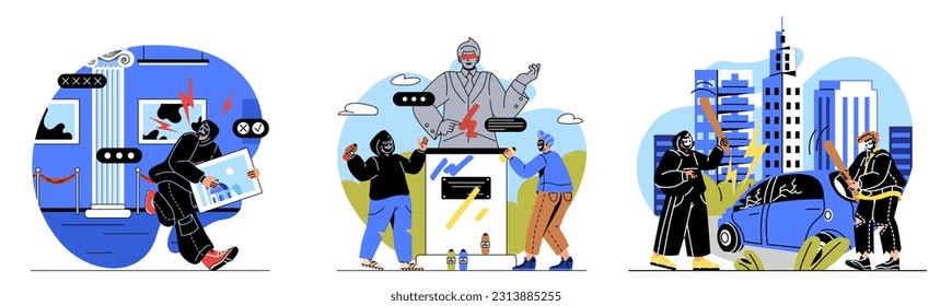 Set of vandals. Men in masks and hoodies decorate monument, steal painting and break car. Stealing and crime. Bandit and gangster. Cartoon flat vector collection isolated on white background