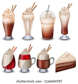 Set of vanilla desserts and drinks. Cheesecake, milkshakes, ice cream.