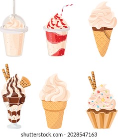 Set of vanilla desserts and drinks Cupcake, milkshakes, ice cream hot chocolate, coffee. vector illustrations