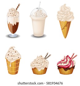 set of vanilla desserts and drinks. Cupcake, milkshakes, ice cream. on white background.