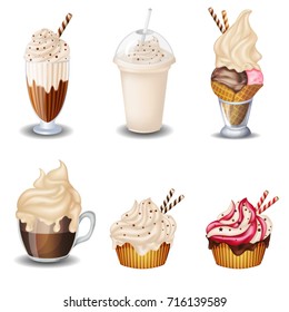 set of vanilla desserts and drinks. Cupcake, milkshakes, ice cream. on white background.