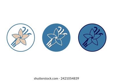 Set of vanilla flower with pods icons. Three different linear style herb and spice logotypes. Coffee, tea, lemonade drink with spices symbol. Design elements for packaging, menu, labels