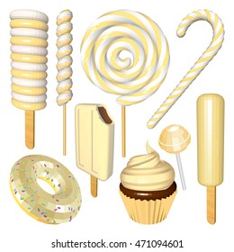 Set of Vanilla Sweets and Candies Isolated on White. Ice Creams, Cupcake, Donut, Lollipops, Popsicles and Candy Cane. Vector Low Poly Realistic Illustration.