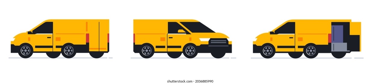 Un conjunto de furgonetas para un servicio de entrega de paquetes en línea. Transporte para la entrega de pedidos. Vista frontal y trasera de la camioneta. Transporte con puertas abiertas y paquetes en el interior. Ilustración vectorial.