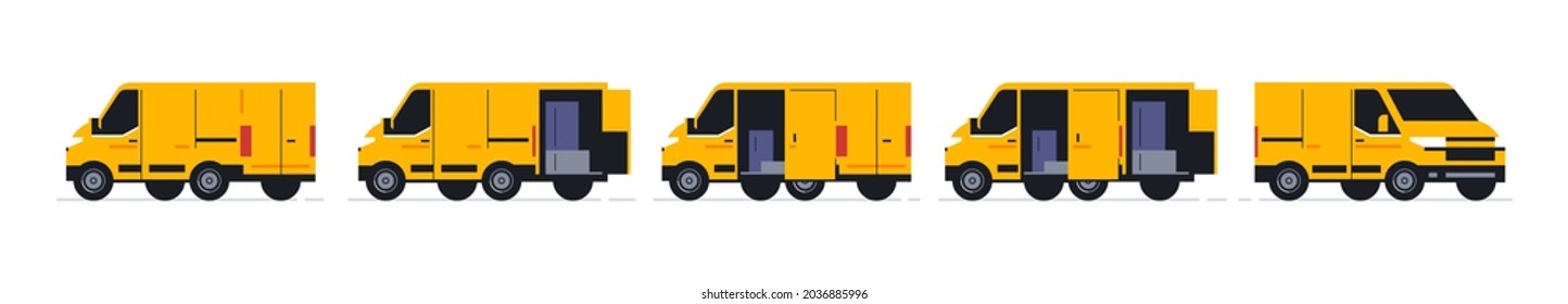 A set of vans for an online parcel delivery service. Transport for delivery of orders. Van front and back views. Transport with open doors and parcels inside. Vector illustration.
