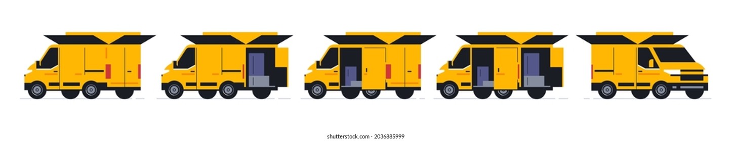 A set of vans for an online parcel delivery service. Transport for delivery of orders. Van front and back views. Transport with open doors and a body in the form of a parcel. Vector illustration.