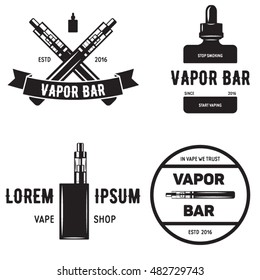 Set of vape, e-cigarette emblems, labels, prints and logos, Monochrome style, Isolated on white background. Vintage vector illustration.