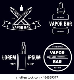 Conjunto de cintas, emblemas de cigarrillos electrónicos, etiquetas, impresiones y logotipos, estilo monocromo, aislado en fondo blanco. Ilustración vectorial vintage.