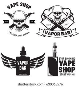 Set of vape e-cigarette emblems labels prints and logos. Vector vintage illustration. Isolated on white background.