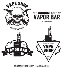 Set of vape e-cigarette emblems labels prints and logos. Vector vintage illustration. Isolated on white background.