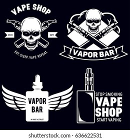 Set of vape e-cigarette emblems labels prints and logos. Vector vintage illustration. Isolated on white background.