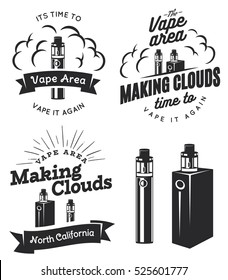 Set of vape, e-cigarette logo, emblems, and badges isolated on white background. Vector vintage illustration.