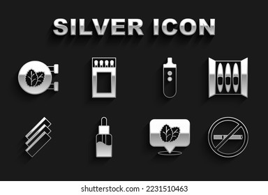 Set Vape líquido botella, Cigar, No fumar, Hoja de tabaco, Papel rodante de cigarrillos, cigarrillo electrónico, tienda y caja de cambios e icono de fósforo. Vector