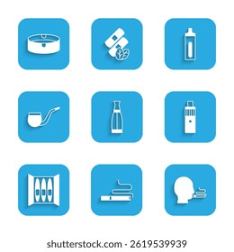 Set Vape liquid bottle, Cigarette, Man smoking cigarette, mod device, No pipe, Electronic and Ashtray icon. Vector