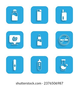 Set Vape liquid bottle, Electronic cigarette, Bong, No smoking, Cigar, Tobacco leaf,  and  icon. Vector