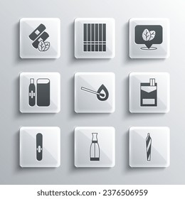 Set Vape líquido botella, Marijuana junta, esquirlas, caja de cigarrillos, Composición de quemado con fuego, Cigarrillo electrónico, parches de nicotina médica e ícono de hoja de tabaco. Vector