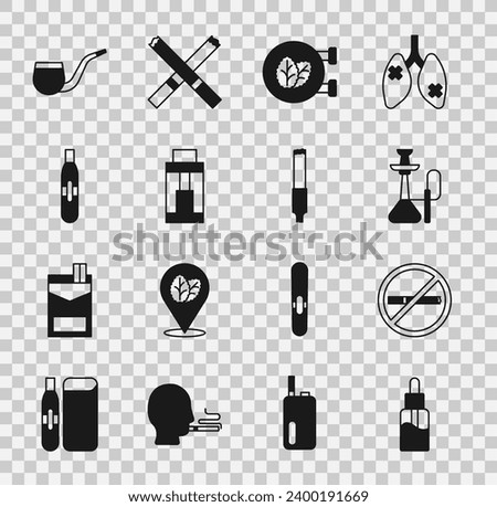 Set Vape liquid bottle, No smoking, Hookah, Tobacco leaf shop, mod device, Electronic cigarette, pipe and Cigarette icon. Vector