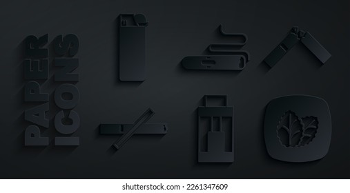 Set Vape mod device, Broken cigarette, No smoking, Tobacco leaf, Cigar and Lighter icon. Vector