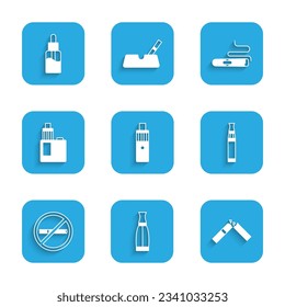 Set Vape mod Gerät, Flasche Flüssigkeit, gebrochene Zigarette, Elektronisch, Rauchverbot, Auto und Symbol. Vektorgrafik
