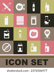 Set Vape mod Device, Tobacco leaf, Bong, Electronic Zigarette, Cigarette, Lighter, Matchbox und Streichhölzer Icon. Vektorgrafik