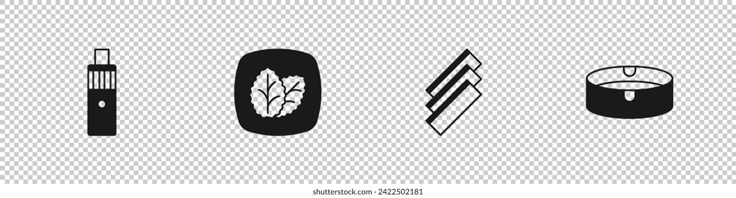 Set Vape mod device, Tobacco leaf, Cigarette rolling papers and Ashtray icon. Vector