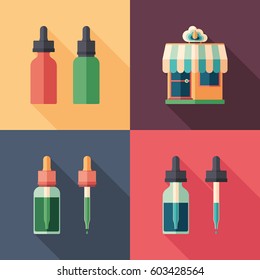 Set of vape shop bottles flat square icons with long shadows.