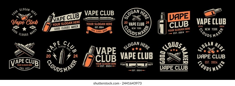 Set of vape shop logo emblem templates vector illustration. Smoke shop logo. Design elements for logo, label, badge, sign. Monochrome labels set for vaping and electronic cigarette. 