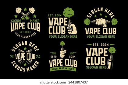 Conjunto de vape shop logo emblema plantillas ilustración vectorial. Logotipo de Smoke Shop. Elementos de diseño para logotipo, etiqueta, insignia, signo. Etiquetas monocromas establecidas para vapeo y cigarrillo electrónico. 