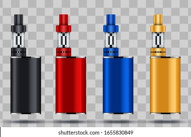 Set of Vaping box device kit and mod. Sample models. Vector illustration isolated on transparent background.