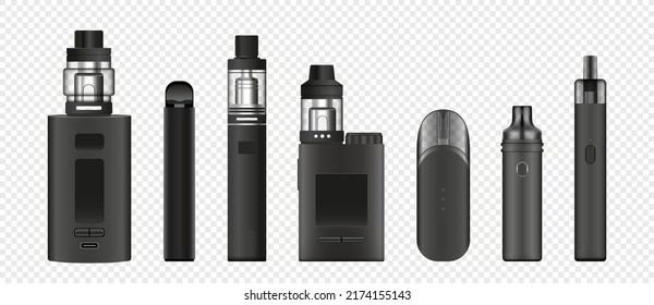 Set of Vaping device, electronic cigaret, isolated on trasparent background in vector format