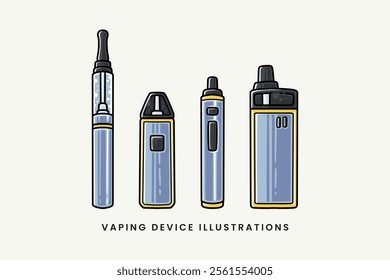 set of vaping devices colorful style vector. doodle vape electronic cigarette illustration collection. e cigarette vaporizer cartoon vector. element design of atomizer vape