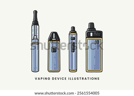 set of vaping devices colorful style vector. doodle vape electronic cigarette illustration collection. e cigarette vaporizer cartoon vector. element design of atomizer vape