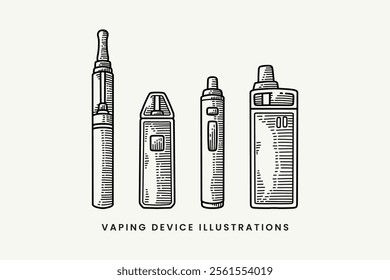 set of vaping devices line art style vector. doodle vape electronic cigarette illustration collection. e cigarette vaporizer engraving vector. element design of atomizer vape hand drawn