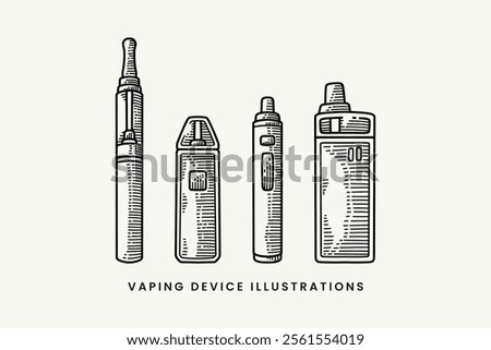 set of vaping devices line art style vector. doodle vape electronic cigarette illustration collection. e cigarette vaporizer engraving vector. element design of atomizer vape hand drawn