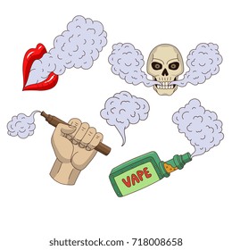 Set of vaping elements and symbols - smoke, skull, vaporizer, e-cigarette, cartoon vector illustration isolated on white background. Vaping - hand holding e-cigarette, vaporizer, smoking lips, skull