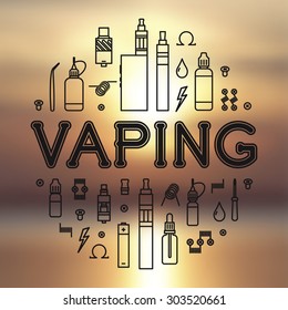 Set of Vaping icons in thin line style on blurred background. Vape vector illustration. Vape trend. Illustration of Electronic cigarette. E-cig icons set 