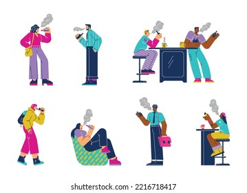 Set of vaping people flat style, vector illustration isolated on white background. Smoking alternative, men and women vaping in cafe and on street, lifestyle