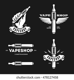 Set of vaping related labels. Vape shop emblems badges and design elements. Human hand with electronic cigarette. Vector vintage illustration.