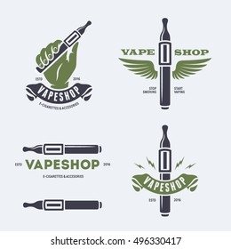 Set of vaping related labels. Vape shop emblems badges and design elements. Human hand with electronic cigarette. Vector vintage illustration.