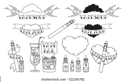 Set Of Vaping In The Style Of Old School Tattoo, For Design Elements, Icons, Logo, Emblems And Badges.