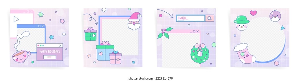 Set of vaporwave christmas square posters or post templates for promotion, sale or New Year card print. Retro, futuristic y2k vector illustration backgrounds.