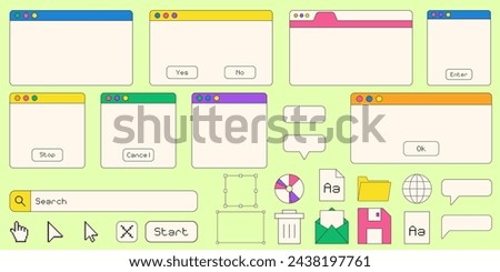 Set Of Vaporwave Desktop Browser and Window Templates. Computer User Interface Elements and Vintage Aesthetic Icons.