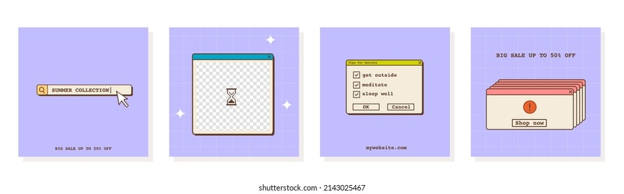 Set of vaporwave ig post templates for social media. Abstract retro 80s 90s aesthetic groovy backgrounds with old computer user interface, dialog window and nostalgic elements. Vector illustration.