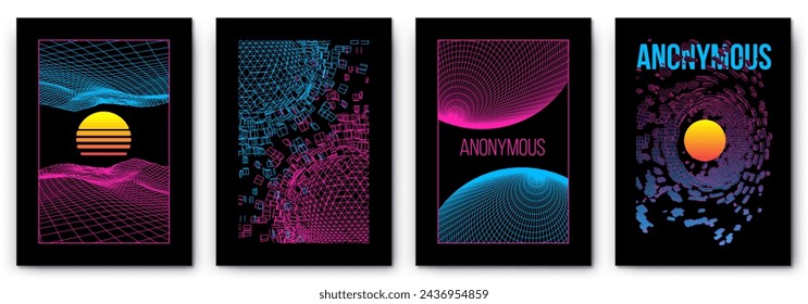 Set of vaporwave posters in polygonal linear style vector isolated on black background